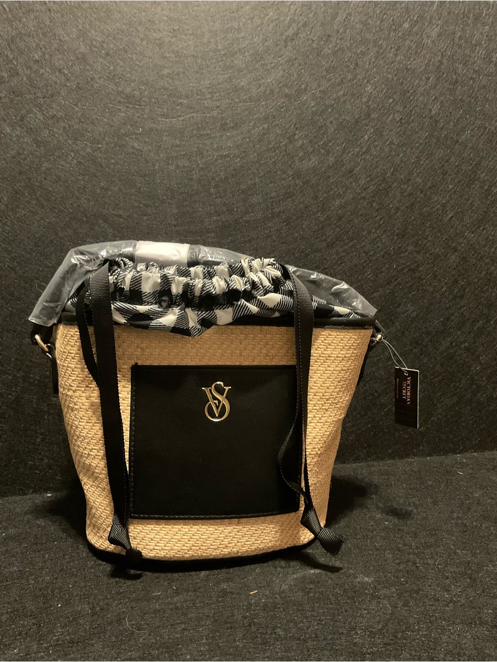 Victoria's Secret Beige Straw Shoulder Bag with Black Trim and Gold Logo
